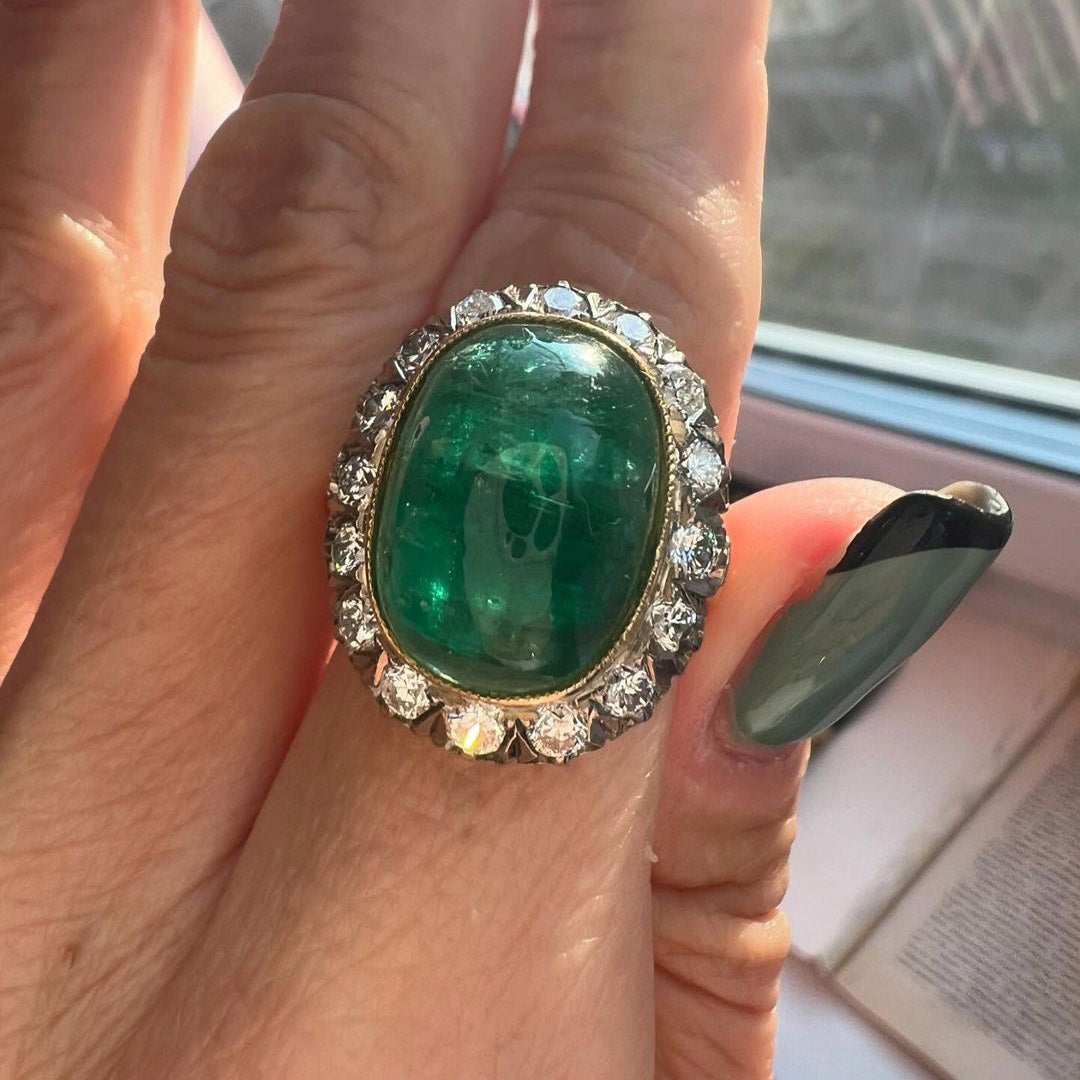 Giant 11ct Emerald Cabochon Vintage Style Ring -JOSHINY