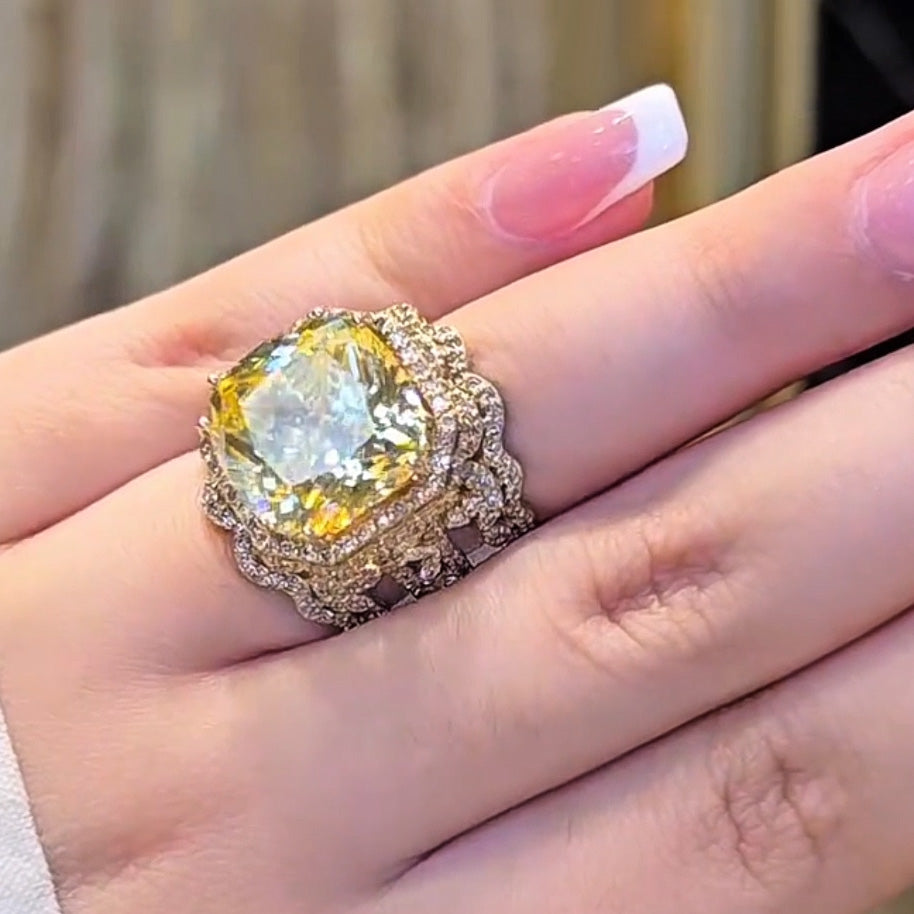 12ctw Cushion Cut Yellow Fancy Gemstone Engagement Ring -JOSHINY