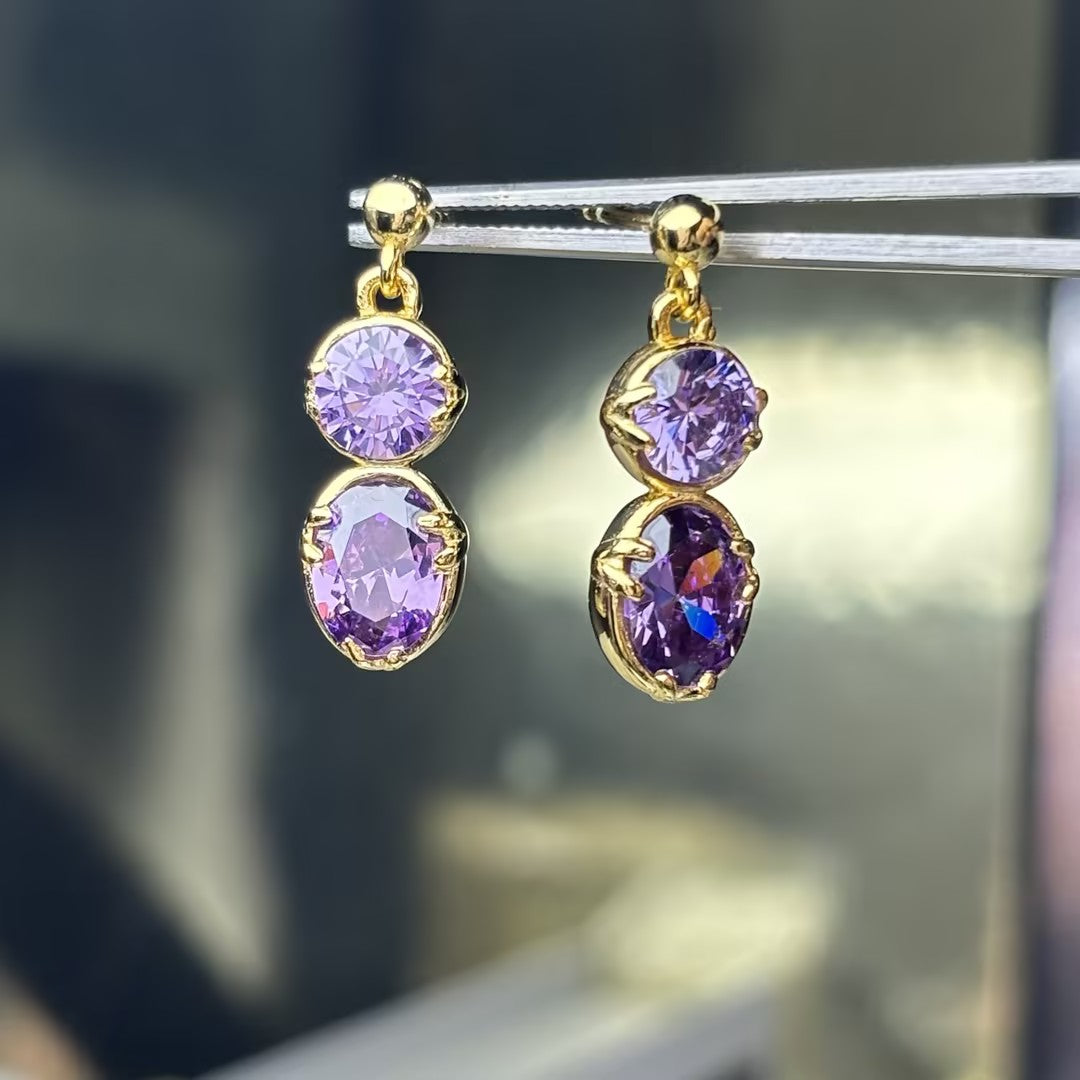 Vintage Gold Large Amethyst Stud Drop Earrings