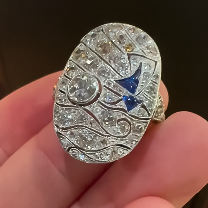 Unique 4 ctw Round & Fancy Cut White Gemstone & Sapphire Nautical Chart Ring -JOSHINY