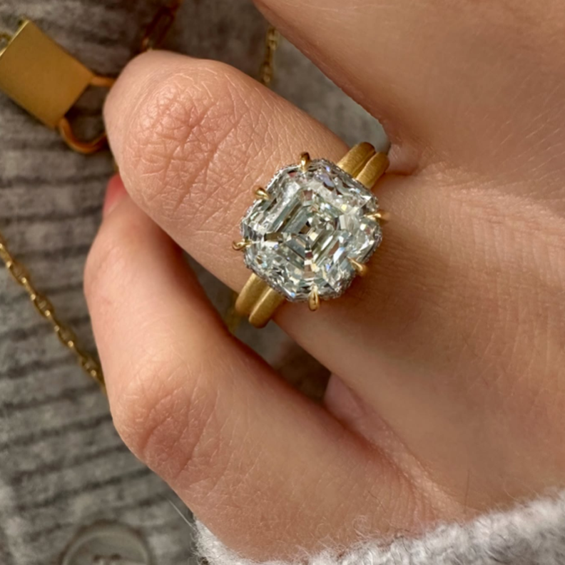 Unique 4 ctw Asscher Cut White Gemstone Two Tone Pavé Engagement Ring -JOSHINY