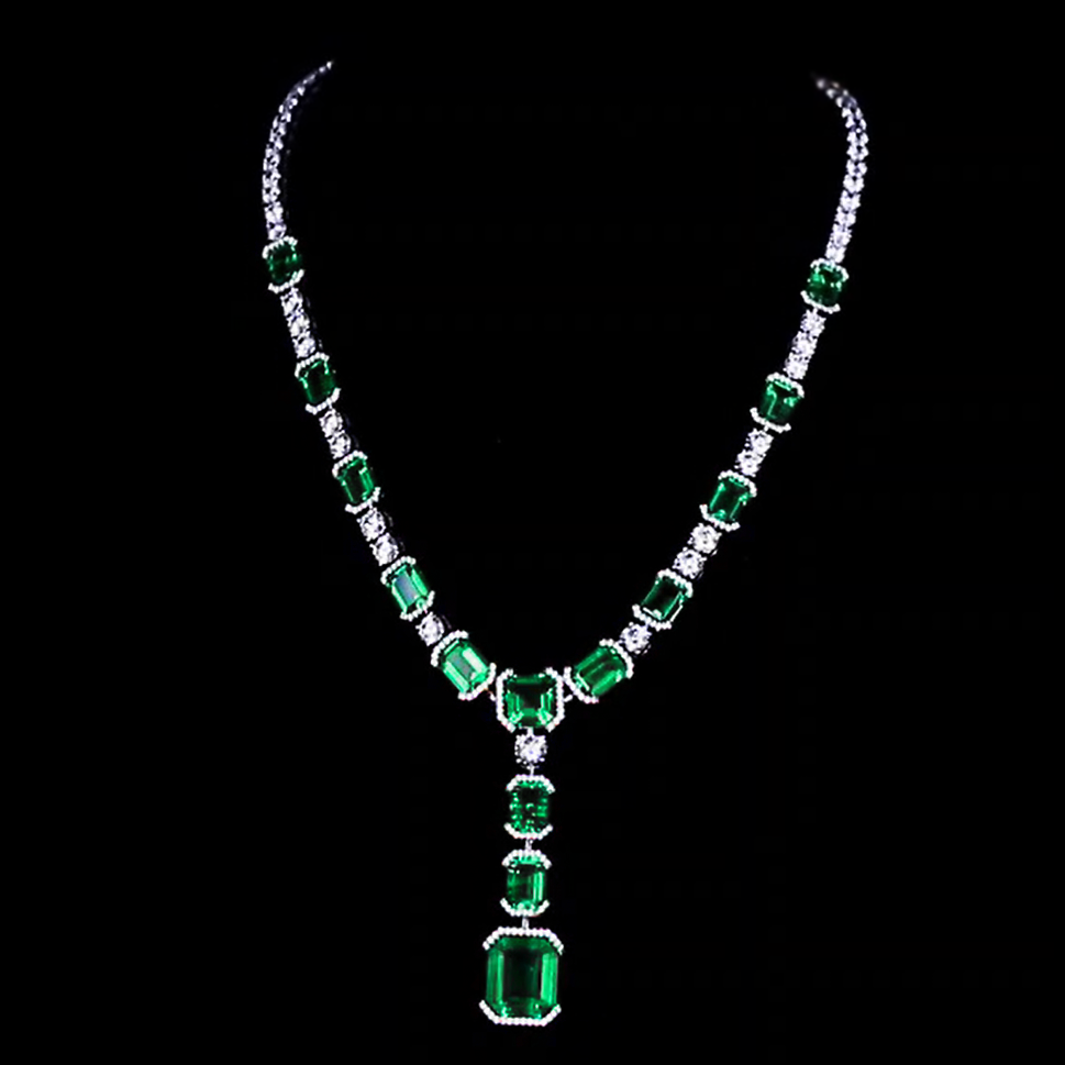 Gorgeous 30 ctw Emerald Cut Emerald Necklace -JOSHINY