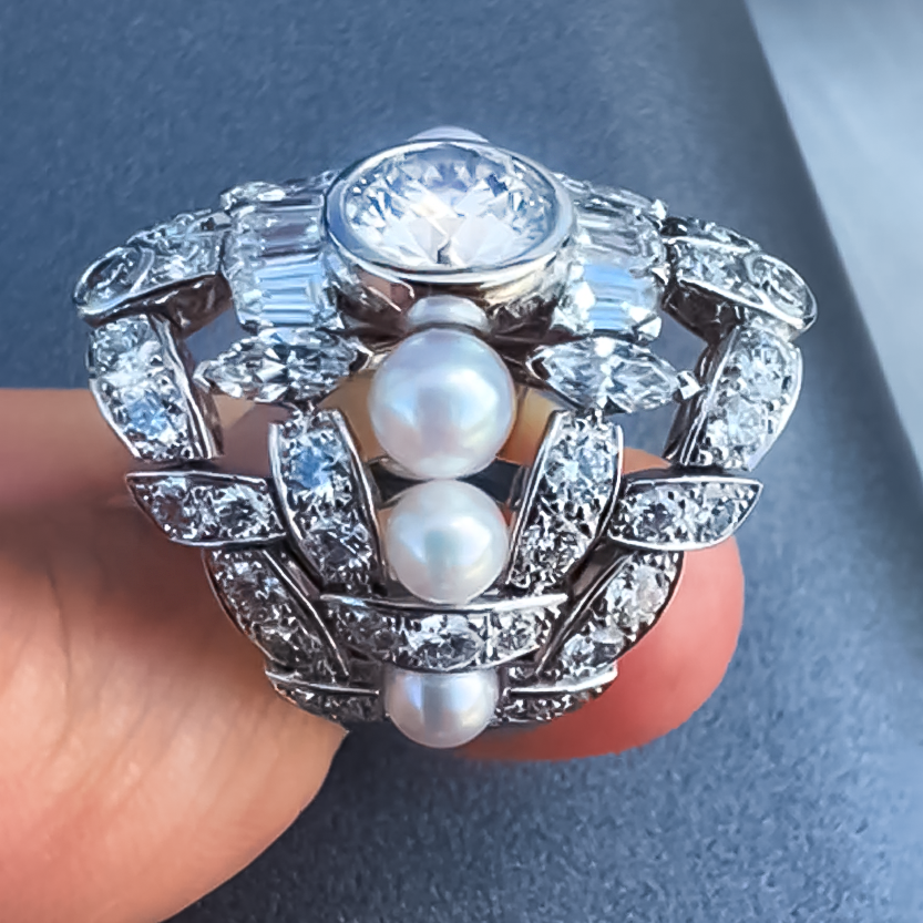 Unique 8 ctw Multi-Cut Pearl & White Gemstone Ring -JOSHINY