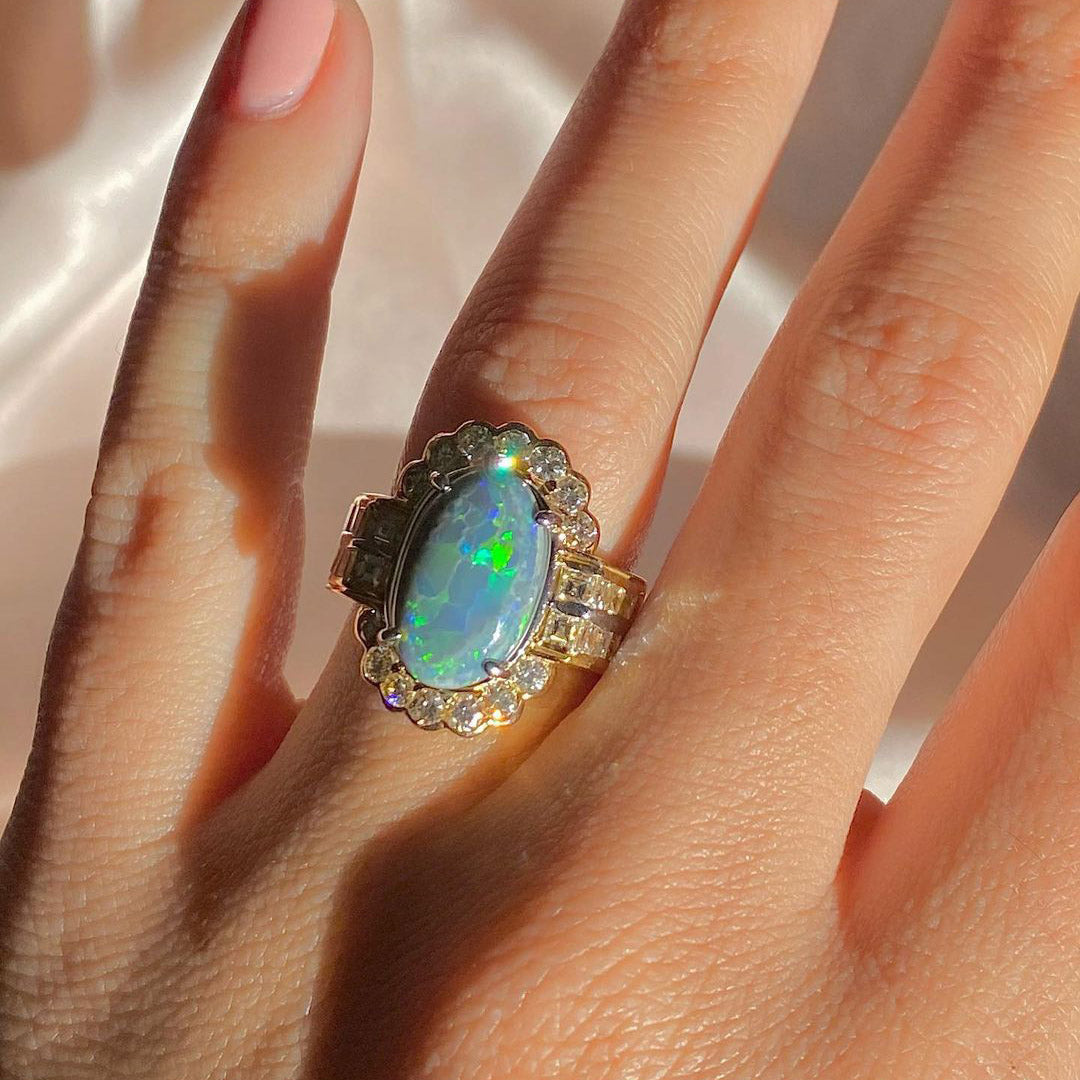 8ctw Oval Blue Opal and Gemstone Cluster Ring-JOSHINY