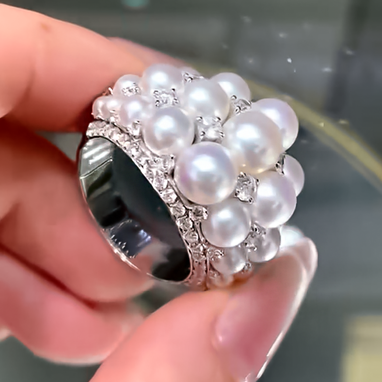 Elegant 2 ctw Round Cut White Gemstone & Pearl Cluster Cocktail Ring -JOSHINY