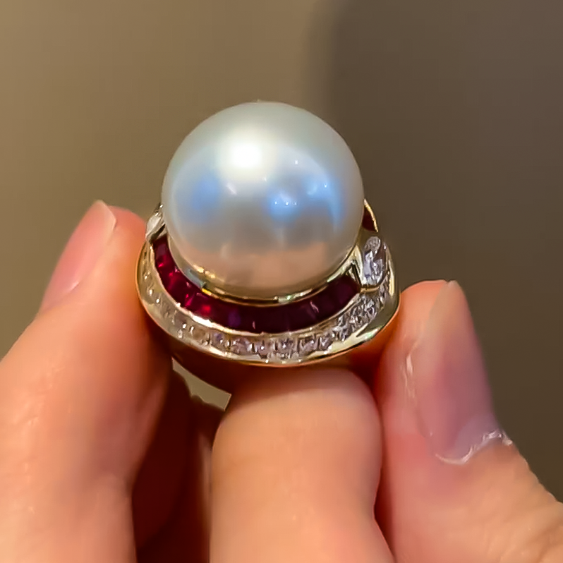 Vintage 7 ctw Pearl & Ruby Elegant Ring -JOSHINY