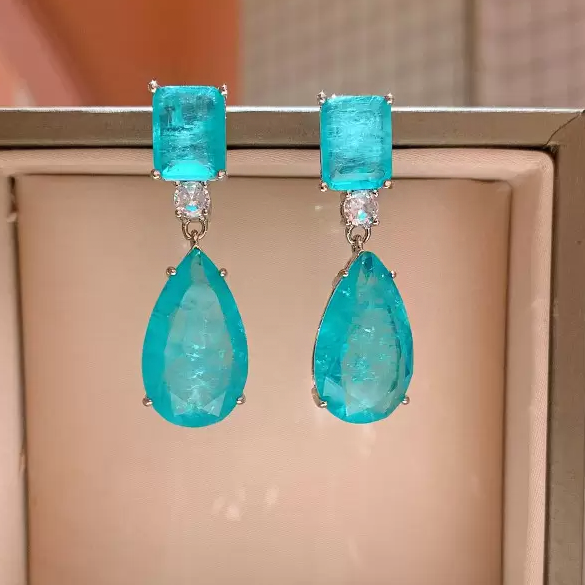 Simple 14 ctw Emerald & Pear Cut Paraiba & Emerald Gemstone Earrings -JOSHINY