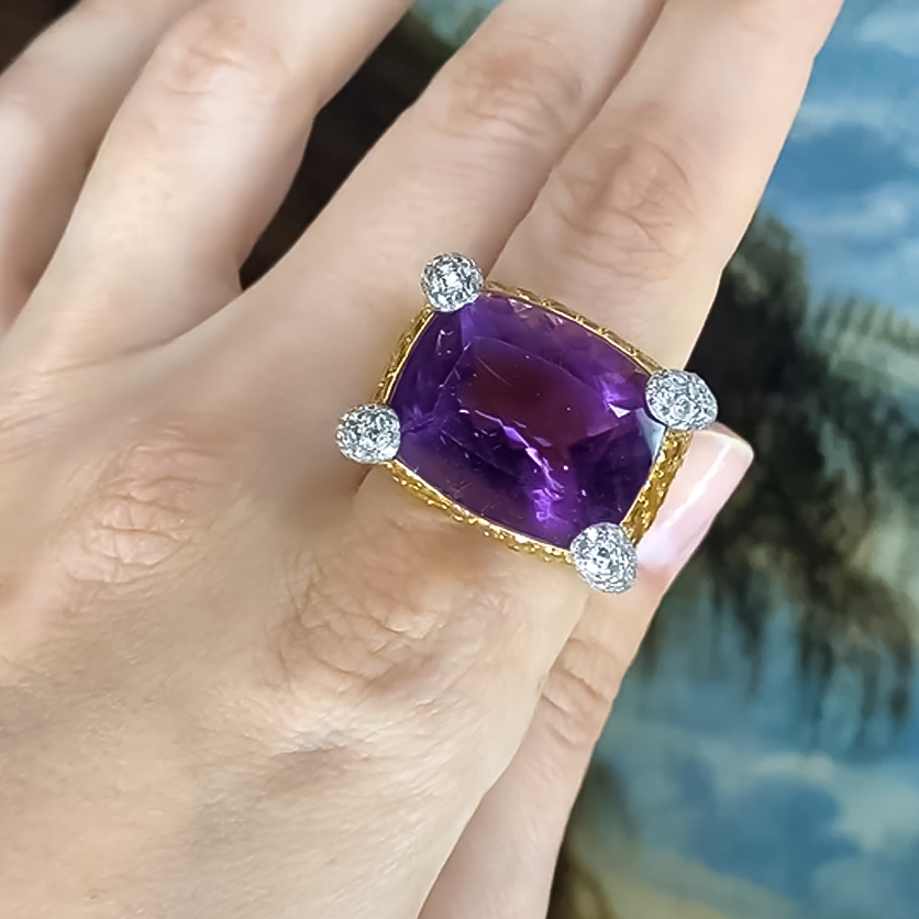 Unique 12 ctw Cushion & Round Cut Purple & Yellow & White Gemstone Pavé Cocktail Ring -JOSHINY