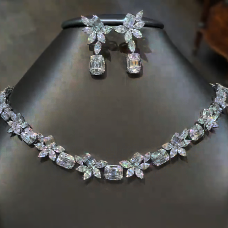 Elegant 30 ctw Multi-Cut White Gemstone Patchwork Earrings and Necklace Set -JOSHINY