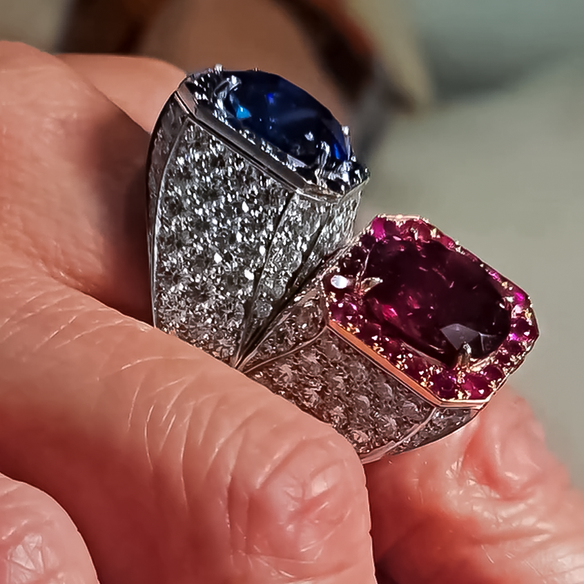 Noble 6 ctw Oval Cut Ruby & Sapphire Twin Stone Pavé Ring -JOSHINY