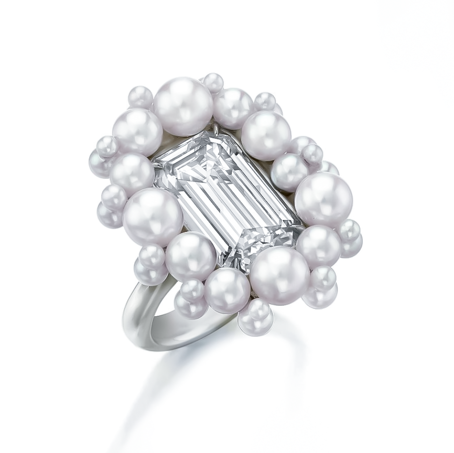 Elegant 4 ctw Emerald Cut White Gemstone & Pearl Engagement Ring -JOSHINY