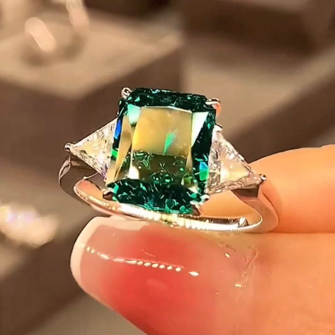 5ctw Radiant Cut Emerald Green Three Stone Ring -JOSHINY