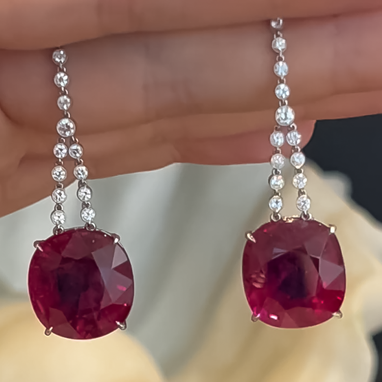 Elegant 6 ctw Cushion & Round Cut Ruby & White Gemstone Chandelier Earrings -JOSHINY