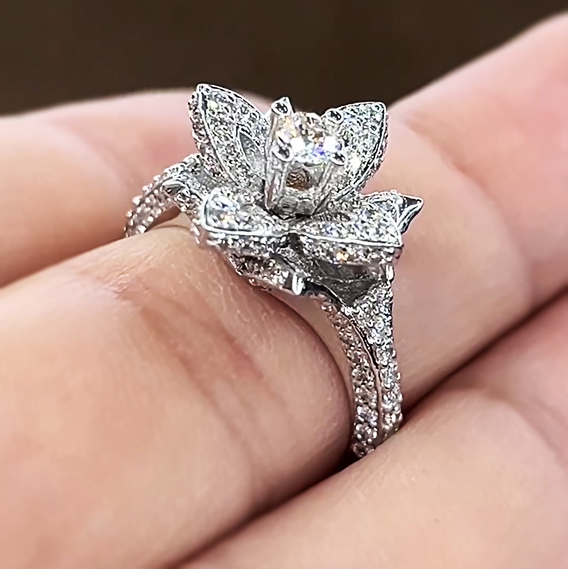 Elegant 4 ctw Round Cut White Gemstone Flower Engagement Ring -JOSHINY