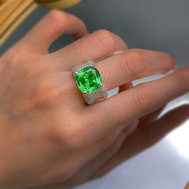 Gorgeous 8 ctw Thai Cut Tsavorite Green Gemstone Cocktail Ring -JOSHINY