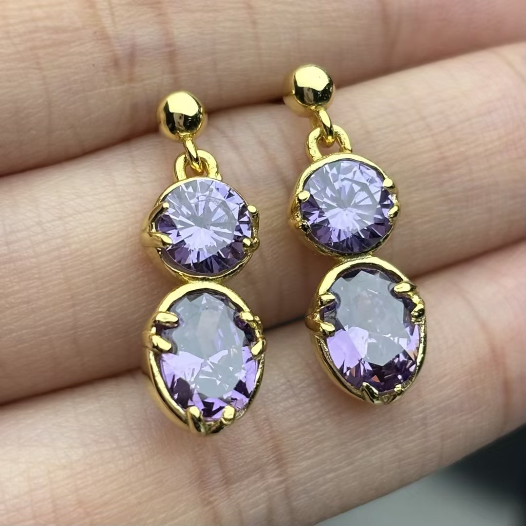Vintage Gold Large Amethyst Stud Drop Earrings