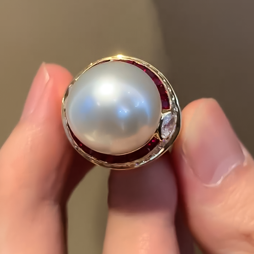 Vintage 7 ctw Pearl & Ruby Elegant Ring -JOSHINY