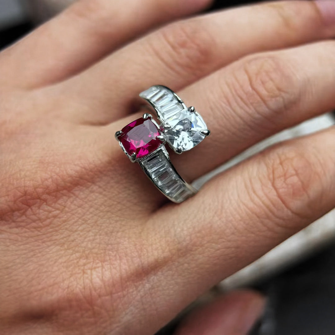 8ctw Cushion-cut red and white gemstone crossover ring -JOSHINY