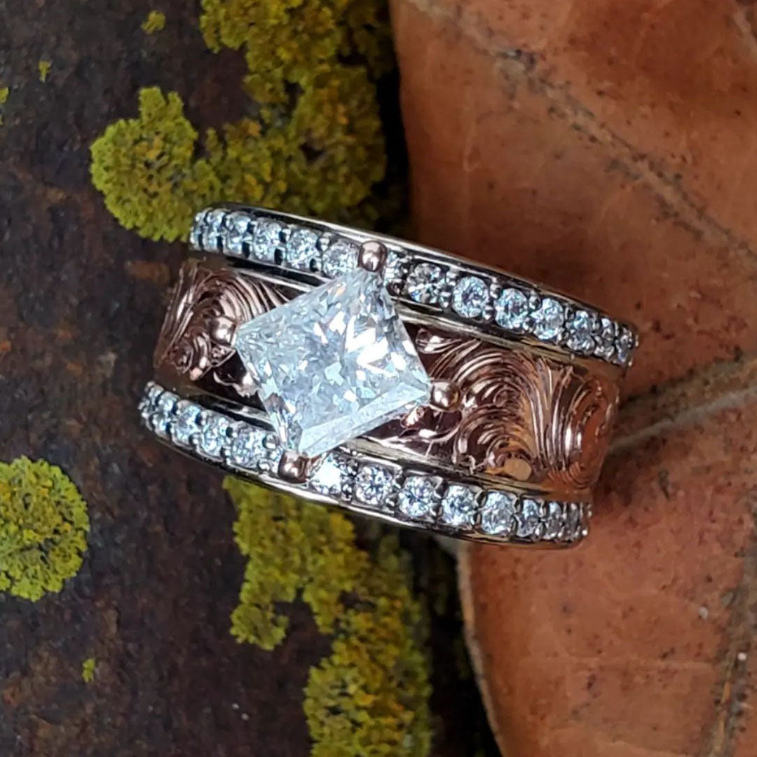 3.0ct Princess Cut Vintage Engraved Rose Gold Ring -JOSHINY