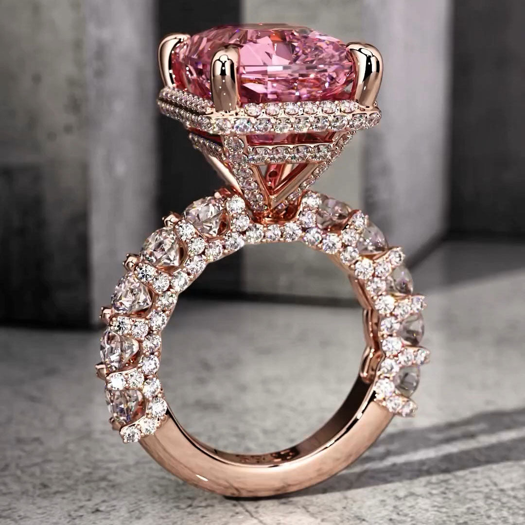 10ctw Radiant Cut Pink Morganite Rose Gold Ring -JOSHINY