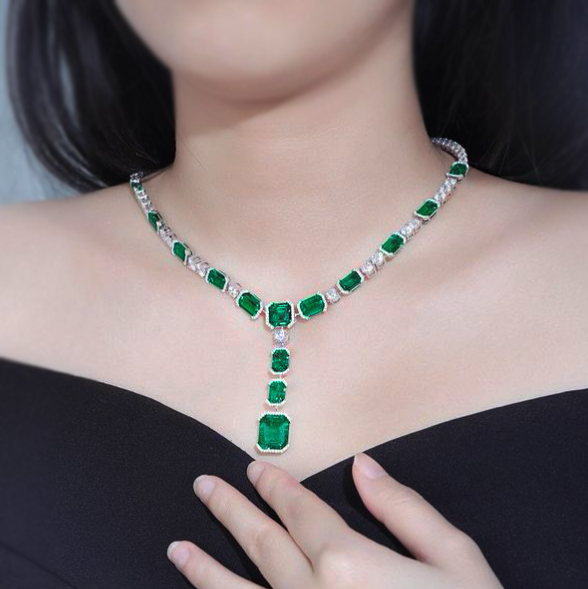 Gorgeous 30 ctw Emerald Cut Emerald Necklace -JOSHINY