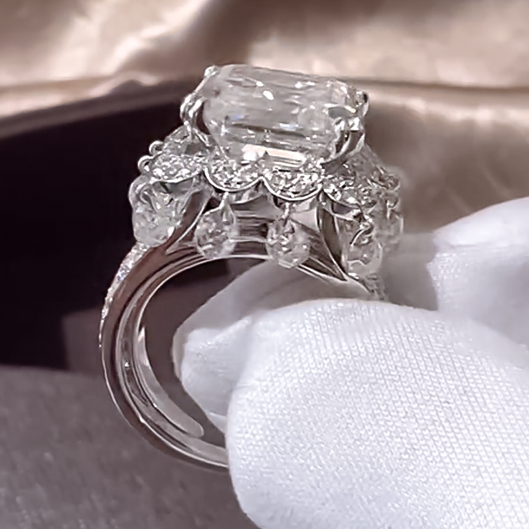 Unique 8 ctw Asscher Cut White Gemstone Engagement Ring -JOSHINY