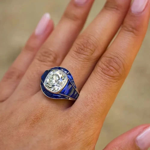 8 ctw Cushion Cut White Gemstone Art Deco Engagement Ring  -JOSHINY