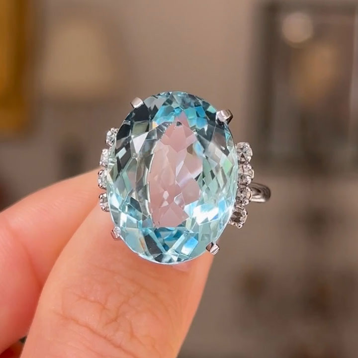 11ct Oval Cut Aquamarine Vintage Cocktail Diamond Ring -JOSHINY