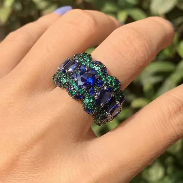 12ctw Blue Oval Cut and Green Round Cut Two Tone Pave Set Ring