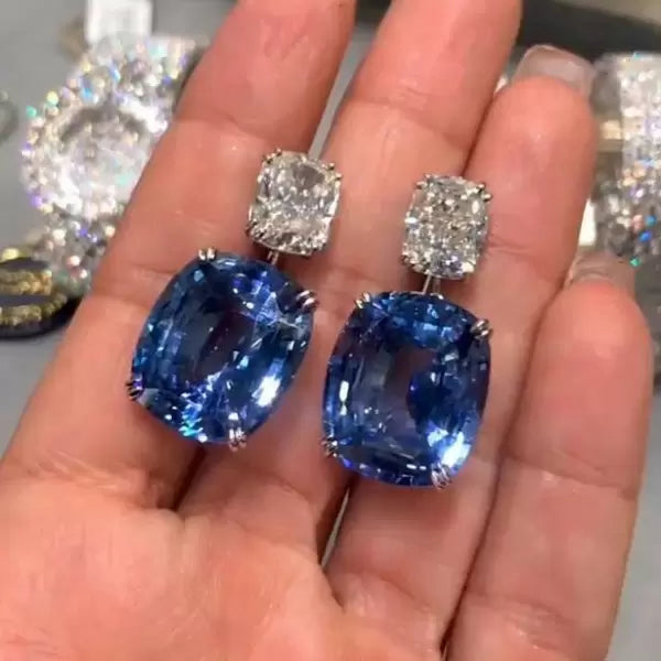 32ctw Blue Gemstone Cushion Cut Dangle Earrings