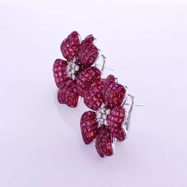 17ctw Invisible Set Ruby Flower Earrings