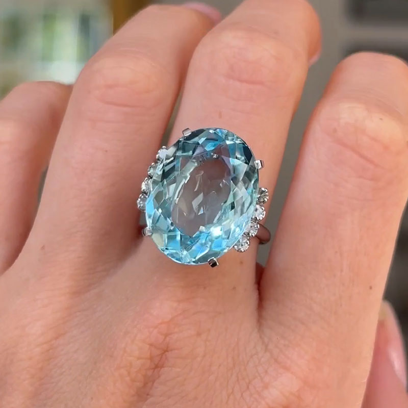 11ct Oval Cut Aquamarine Vintage Cocktail Diamond Ring -JOSHINY