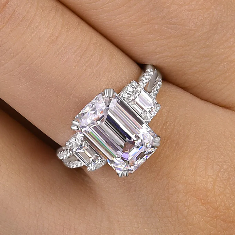 5ct Emerald Cut Three Stone White Gemstone Engagement Ring