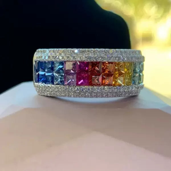 6.2ctw Rainbow Multicolor Gemstone Princess Square Cut Ring