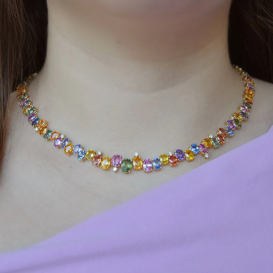 55ctw Oval Round Cut Multicolor Rainbow Necklace-JOSHINY