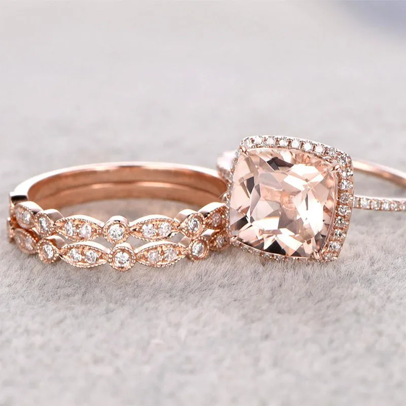 4 ctw Cushion Cut Pink Morganite 3PC Wedding Band Set