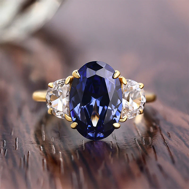 3 ctw Oval Cut Blue Stone Three Stone Engagement Ring