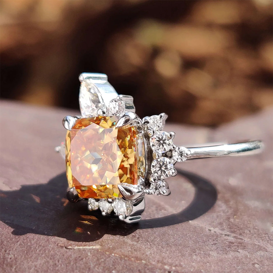 1.9ct Orange Cushion Cut Vintage Style Flower Engagement Ring