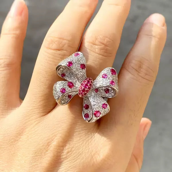 6ct round cut ruby and sapphire bow gemstone ring