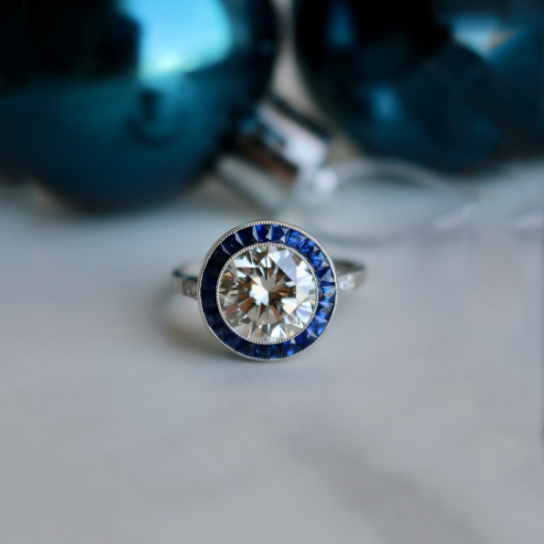 Art Deco Inspired 3ct Round Cut White Gemstone&Sapphire Target Ring -joshiny