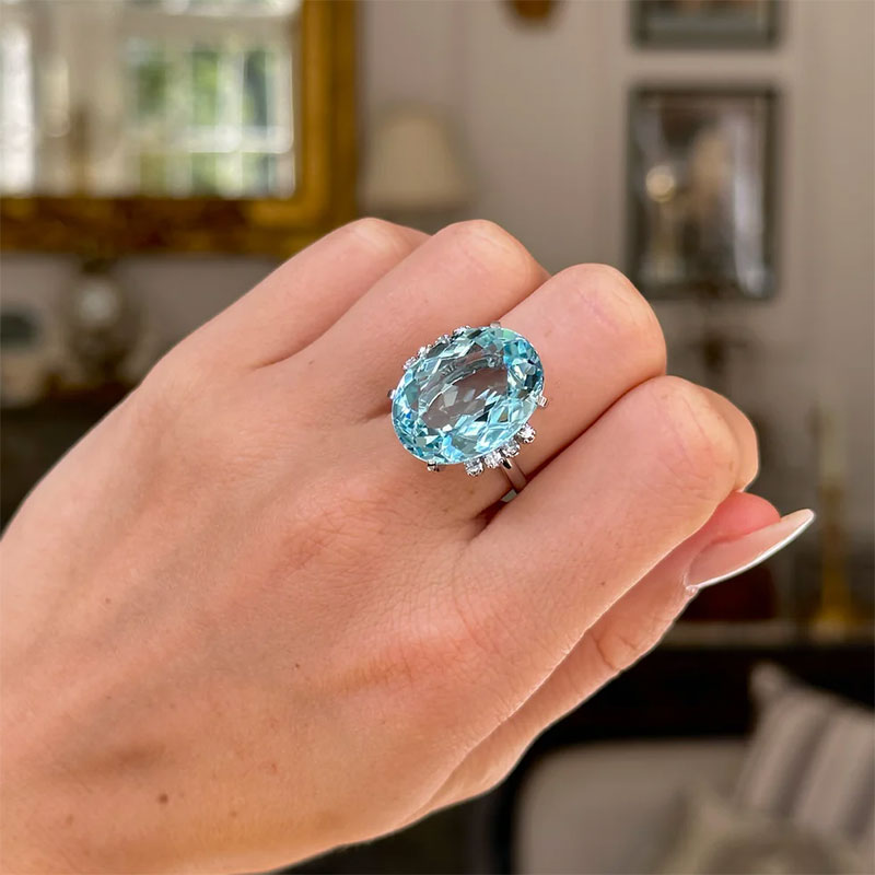 11ct Oval Cut Aquamarine Vintage Cocktail Diamond Ring -JOSHINY