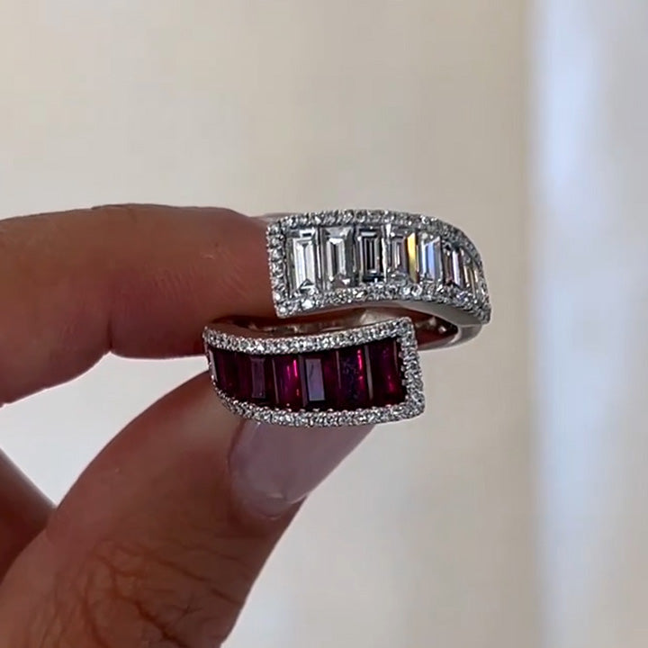 3ctw Baguette Cut Ruby And White Stone Bypass Diamond Ring -joshiny