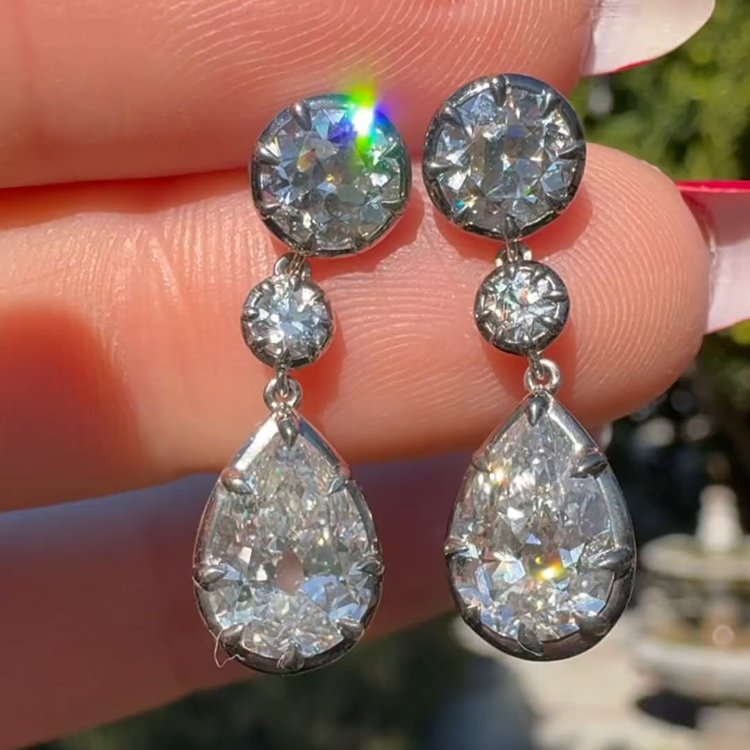 10.64ctw Vintage Style Pear Shaped Three Stone Diamond Drop Earrings -JOSHINY