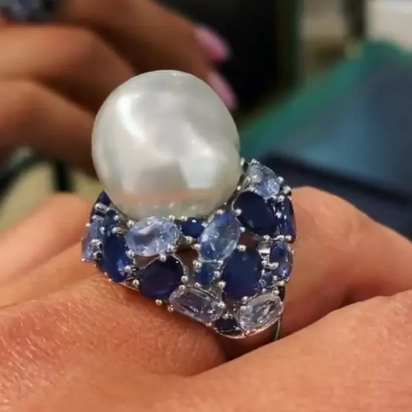 Unique Irregular Pearl Blue Gemstone Diamond Ring