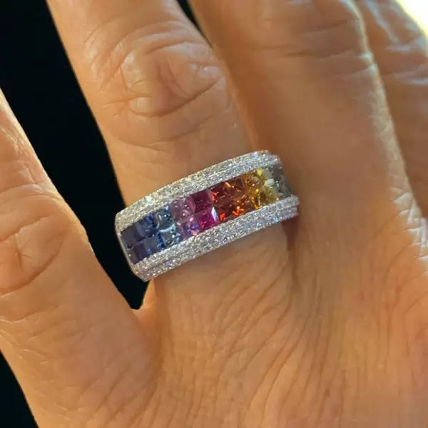 6.2ctw Rainbow Multicolor Gemstone Princess Square Cut Ring