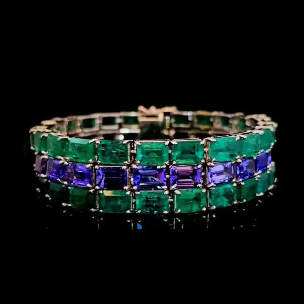 45ctw Emerald and Tanzanite Blue Gemstone Three-row Bracelet