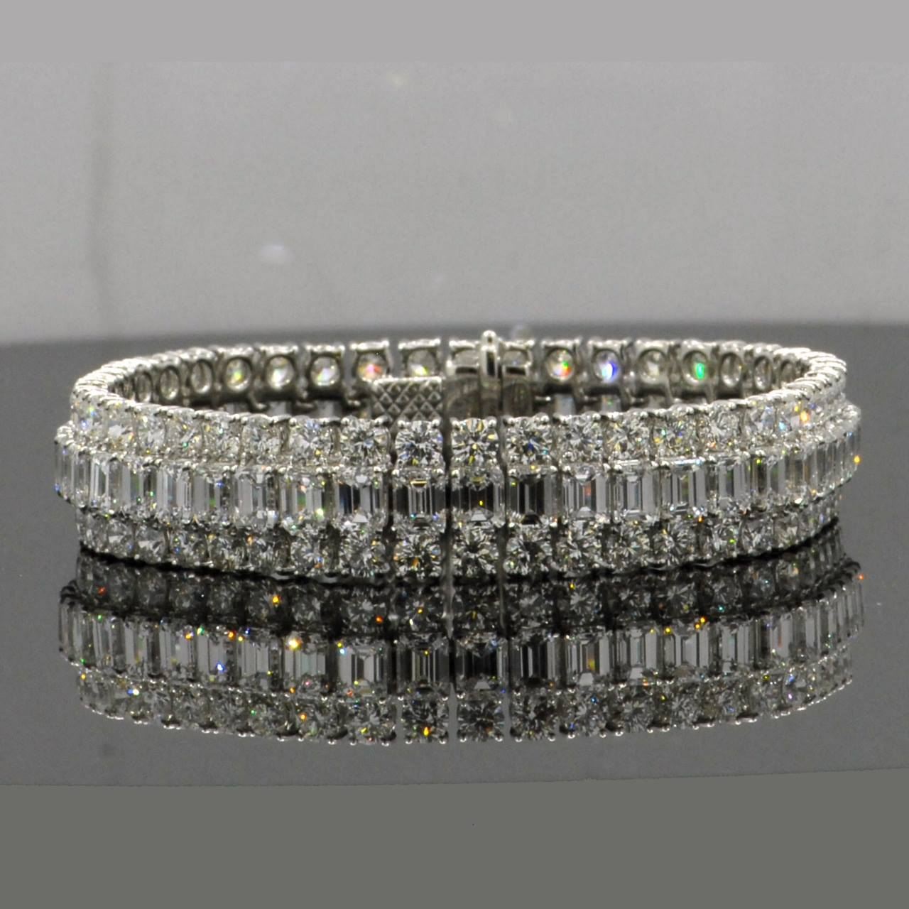 60ctw Baguette and Round Cut Triple Row Diamond Bracelet -JOSHINY