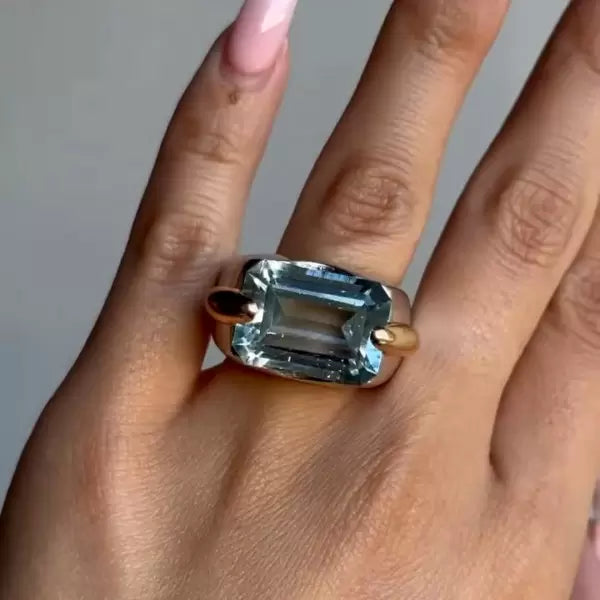 14ct Minimalist Emerald Cut Blue Gemstone Cocktail Ring