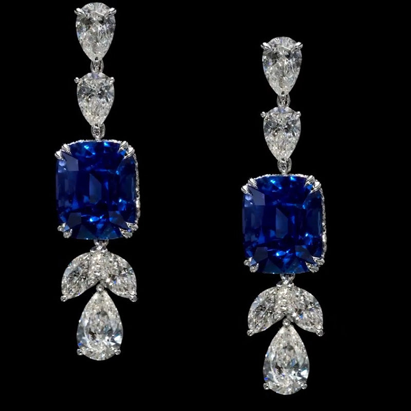 20ctw Cushion Cut Royal Blue Gemstone Drop Earrings