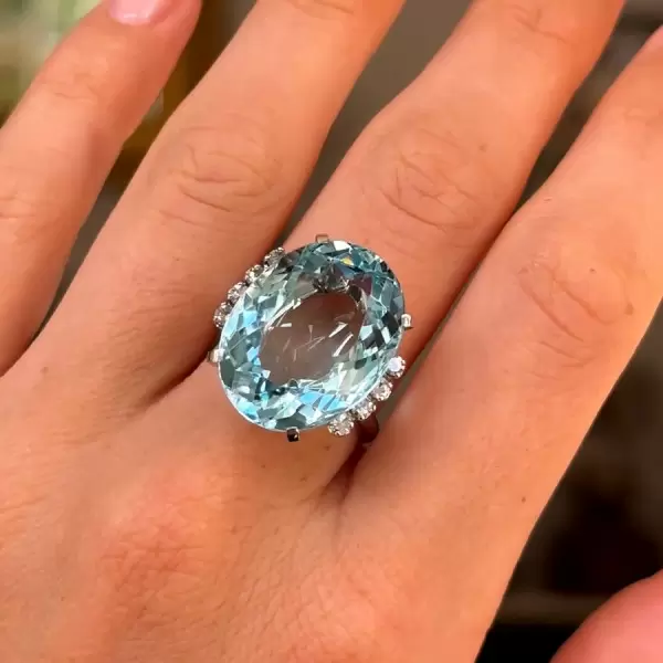 11ct Oval Cut Aquamarine Vintage Cocktail Diamond Ring -JOSHINY